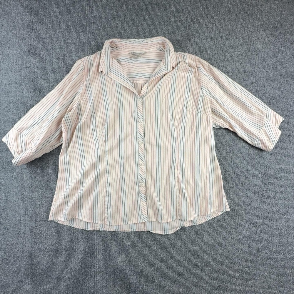 Dressbarn Blouse Womens 18W White Striped Button Front Collared 3/4 Sleeve Top